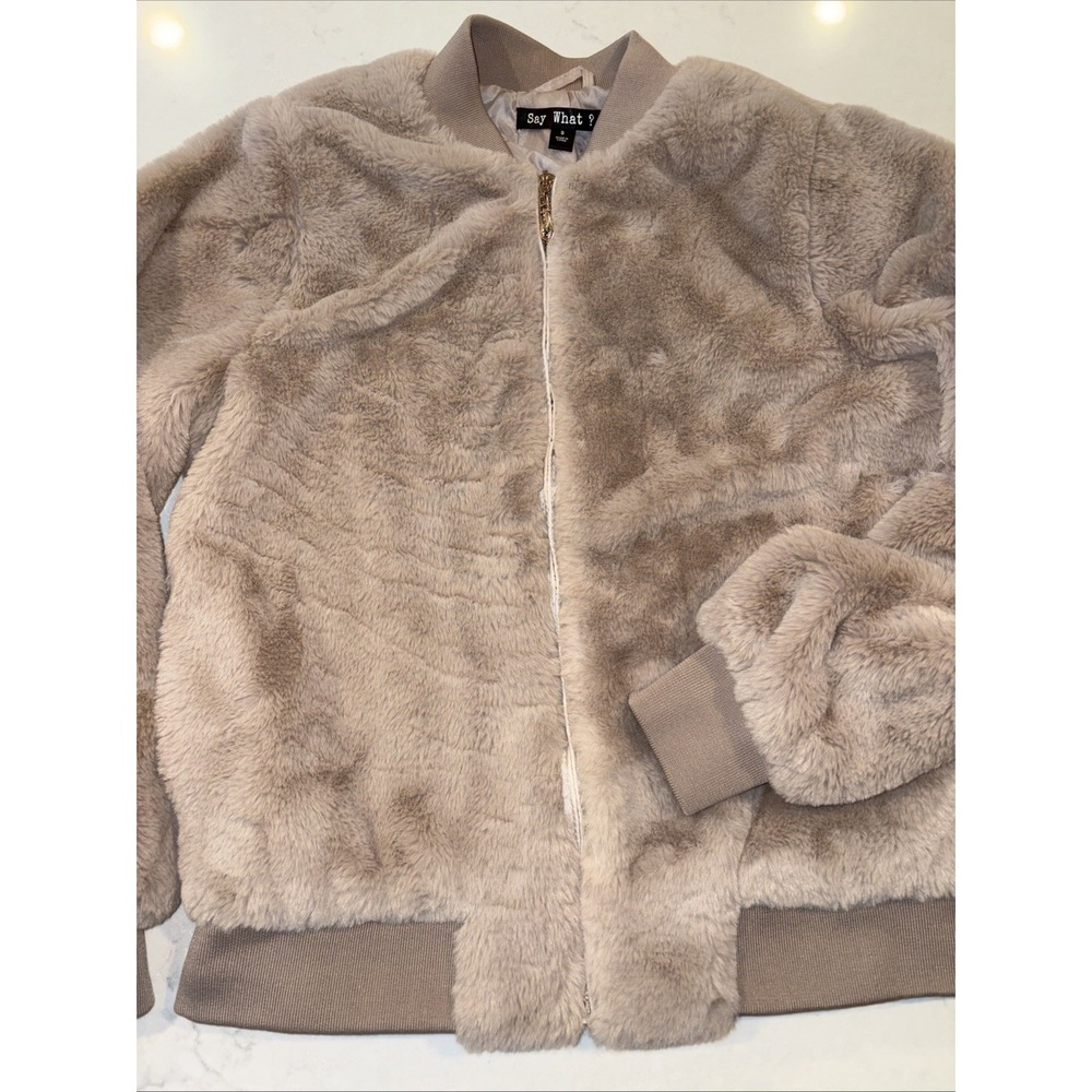 Say What? Juniors S Tan Faux-Fur Plush Bomber Jacket Full Zip Coat Mock Neck EUC